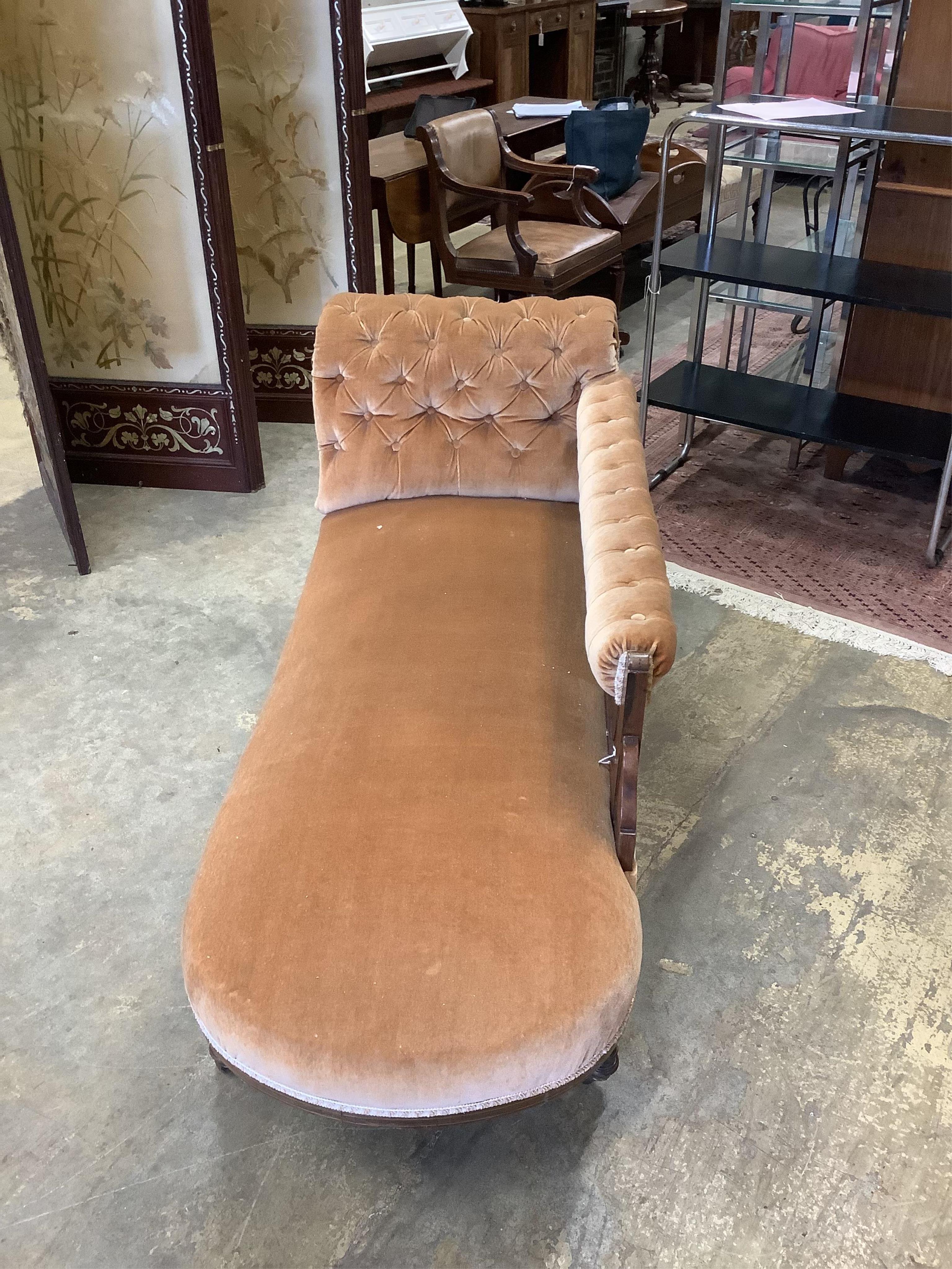 A late Victorian inlaid rosewood chaise longue, width 170cm, depth 64cm, height 82cm. Condition - fair